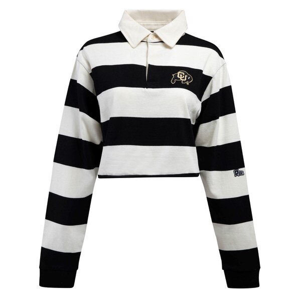 Black and white striped cropped collared shirt, with buttons about halfway down, and the CU Buffalo logo on the left chest
